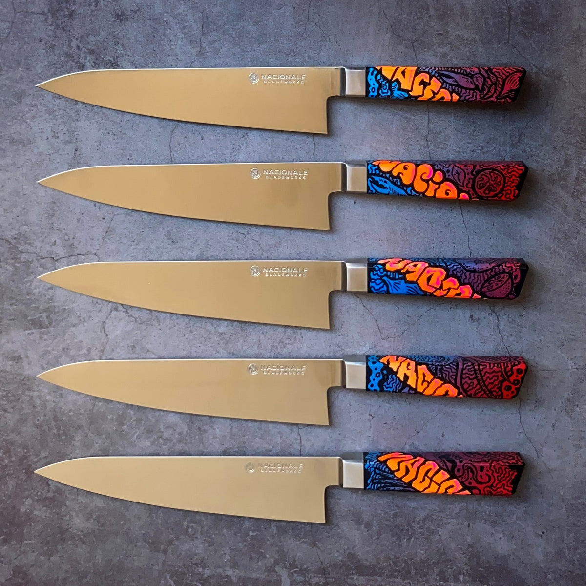 B. 215mm Chef's Knife. Sandvik 14c28n. Graffiti Handle (Hand Painted) Nacionale Bladeworks