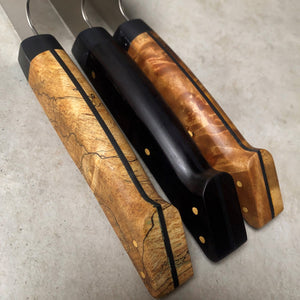 215mm Chefs Knife. San Mai AUS10 Stainless. Spalted Maple / Ebony / Maple Burl. Magnetic Maple Saya - Nacionale Bladeworks
