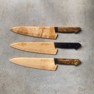215mm Chefs Knife. San Mai AUS10 Stainless. Spalted Maple / Ebony / Maple Burl. Magnetic Maple Saya - Nacionale Bladeworks