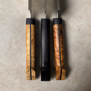 215mm Chefs Knife. San Mai AUS10 Stainless. Spalted Maple / Ebony / Maple Burl. Magnetic Maple Saya - Nacionale Bladeworks
