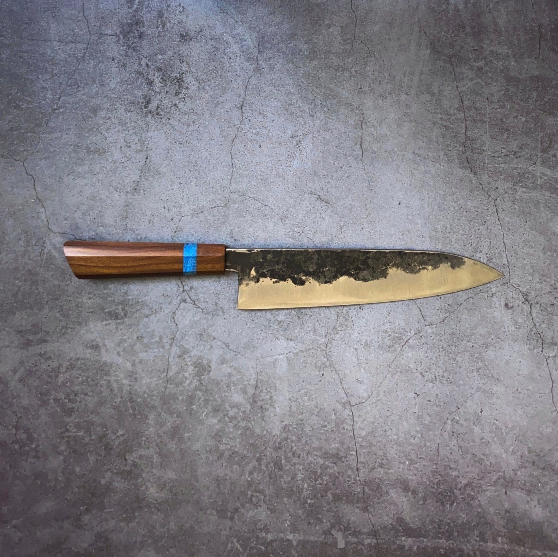 215mm Gyuto. Kurouchi Sandvik 14c28n Stainless. Magkuno Ironwood Handle - Nacionale Bladeworks