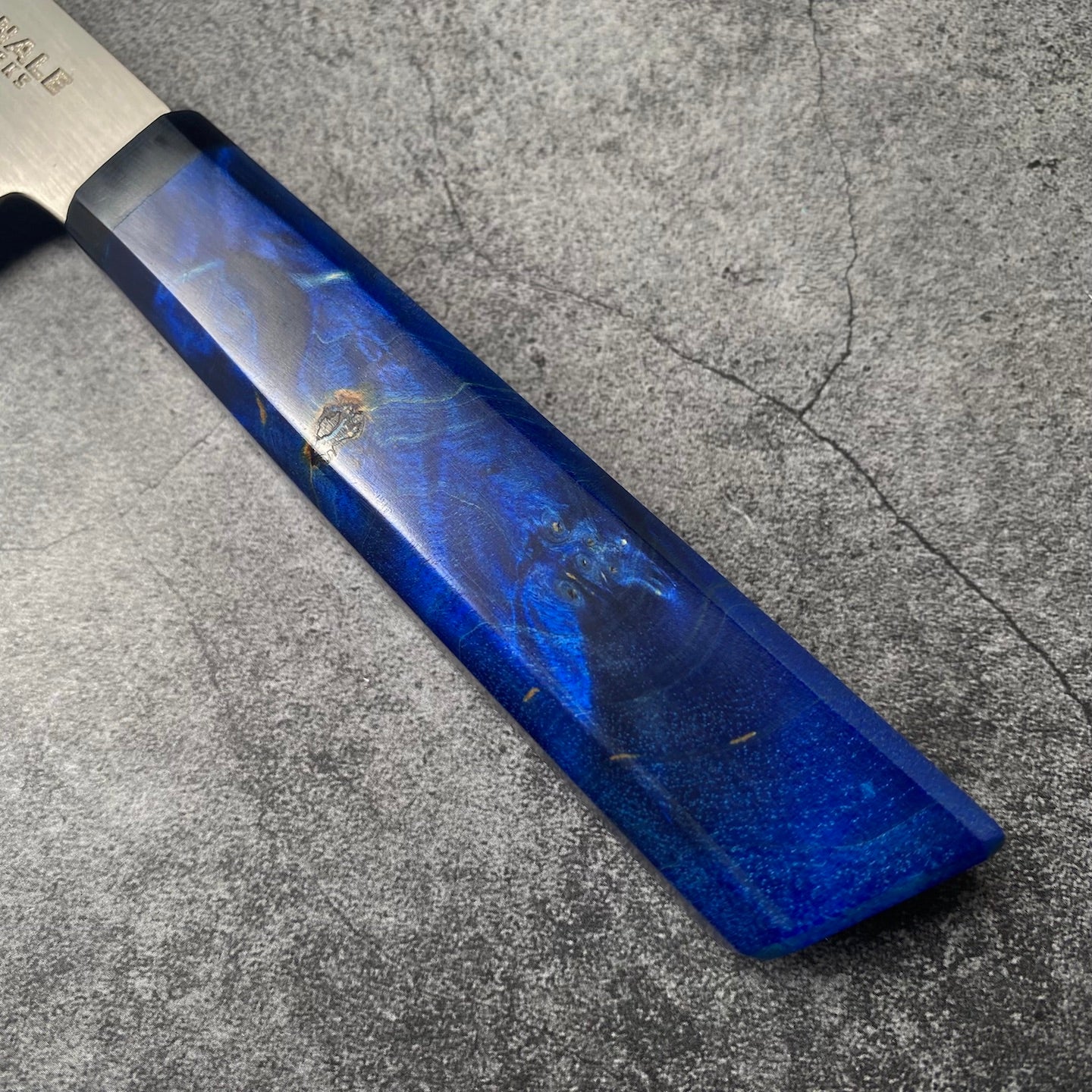 180mm Bunka. Sandvik 14c28n Stainless. Blue Stabilized Dyed Maple. Pakka Ferrule