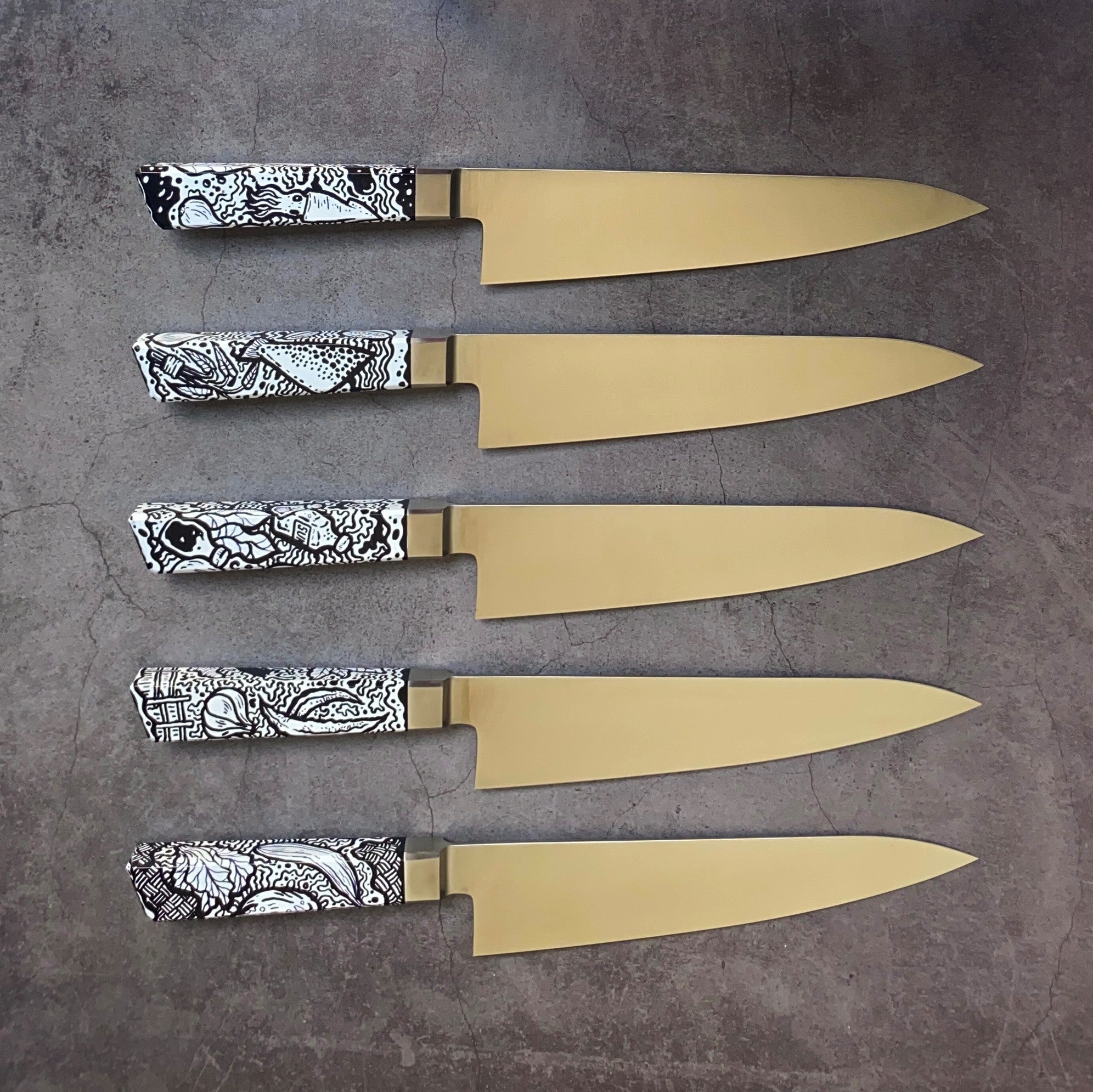 A. 215mm Chef's Knife. Sandvik 14c28n. Graffiti Handle (Hand Painted) - Nacionale Bladeworks