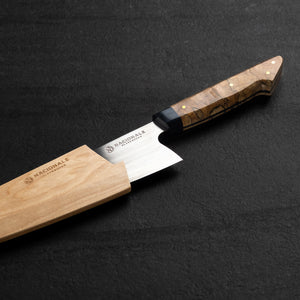 215mm Chefs Knife. San Mai AUS10 Stainless. Spalted Maple / Ebony / Maple Burl. Magnetic Maple Saya