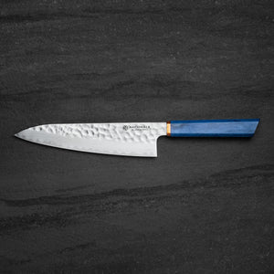 215mm Gyuto. Hammered San Mai 440C Stainless. Blue Pakka / Ebony / Oak