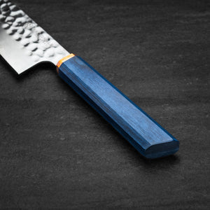 215mm Gyuto. Hammered San Mai 440C Stainless. Blue Pakka / Ebony / Oak