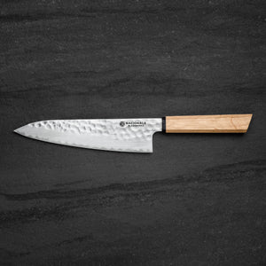 215mm Gyuto. Hammered San Mai 440C Stainless. Blue Pakka / Ebony / Oak