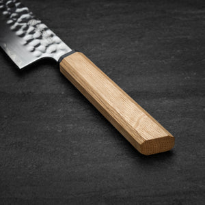 215mm Gyuto. Hammered San Mai 440C Stainless. Blue Pakka / Ebony / Oak