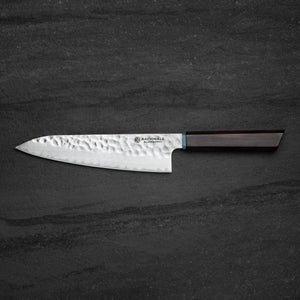 215mm Gyuto. Hammered San Mai 440C Stainless. Blue Pakka / Ebony / Oak