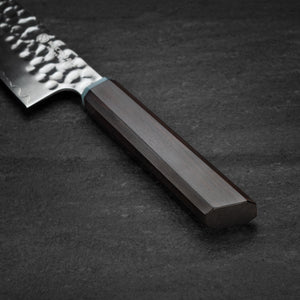 215mm Gyuto. Hammered San Mai 440C Stainless. Blue Pakka / Ebony / Oak