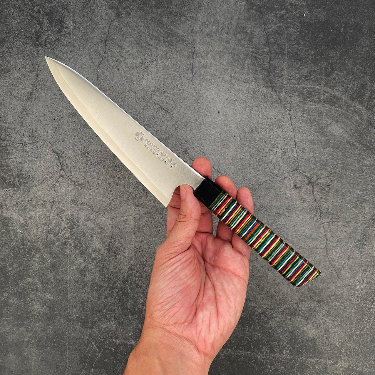 165mm Petty Knife. San Mai 440C. Stabilized Skateboard Material Handle - Nacionale Bladeworks