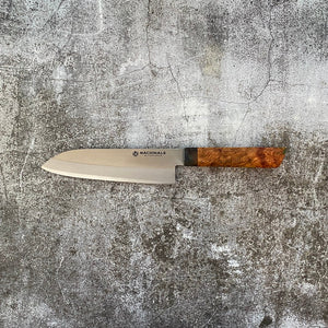 170mm Santoku. Aogami Super. Stabilized Amboyna Burl Handle. Maple Ferrule - Nacionale Bladeworks