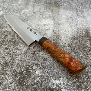 170mm Santoku. Aogami Super. Stabilized Amboyna Burl Handle. Maple Ferrule - Nacionale Bladeworks