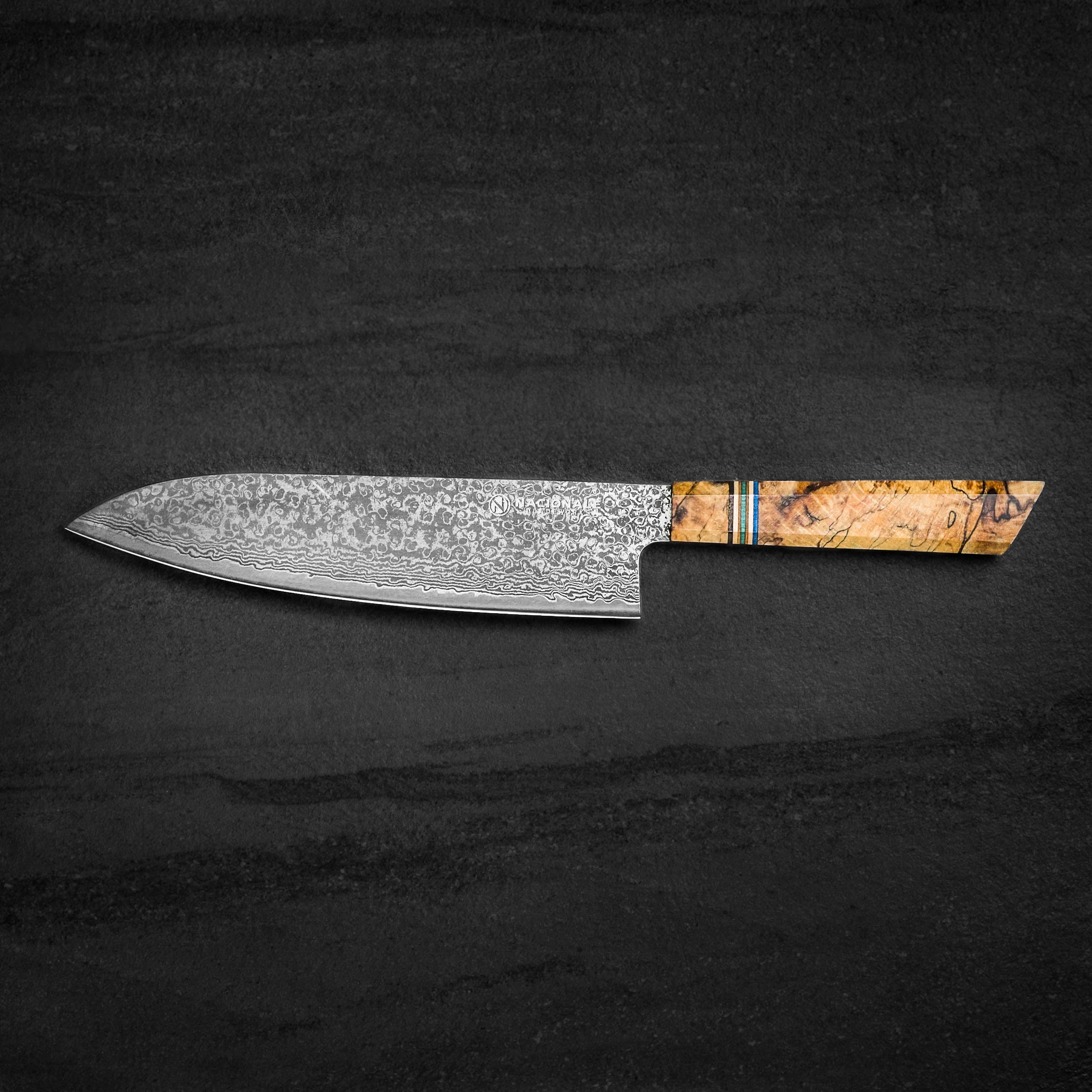 215mm Damascus Tall Gyuto. Stabilized Spalted Maple Handle. Skateboard Spacer - Nacionale Bladeworks