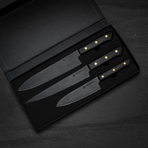 3-piece Set. Full Tang Gyuto / Serrated / Petty. Black Pakka. Black Stone Washed Stainless AUS8 - Nacionale Bladeworks