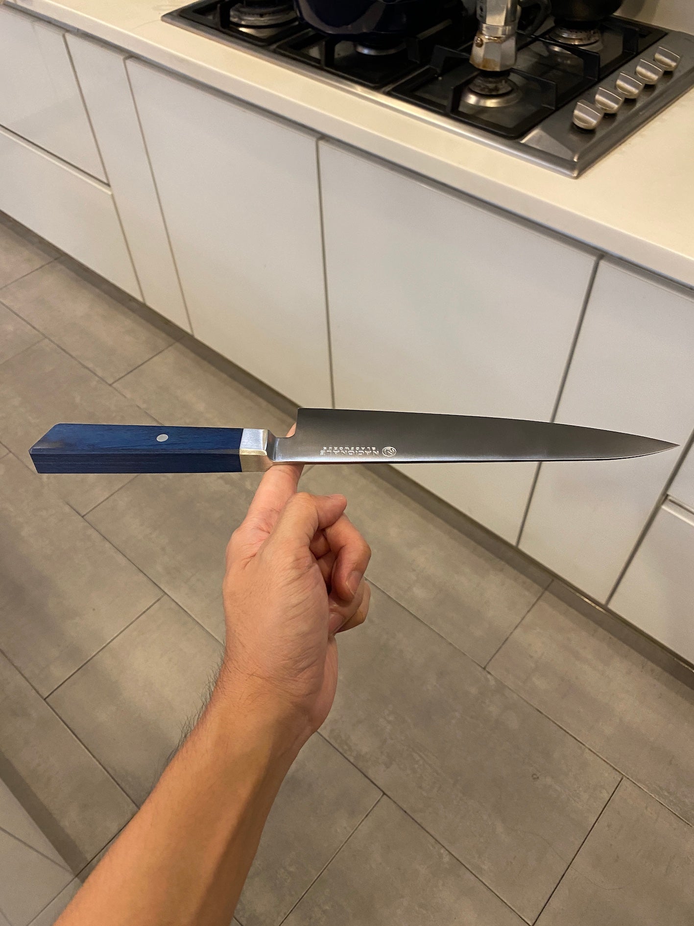 215mm Chef's Knife. Sandvik 14c28n. Blue Pakkawood Handle