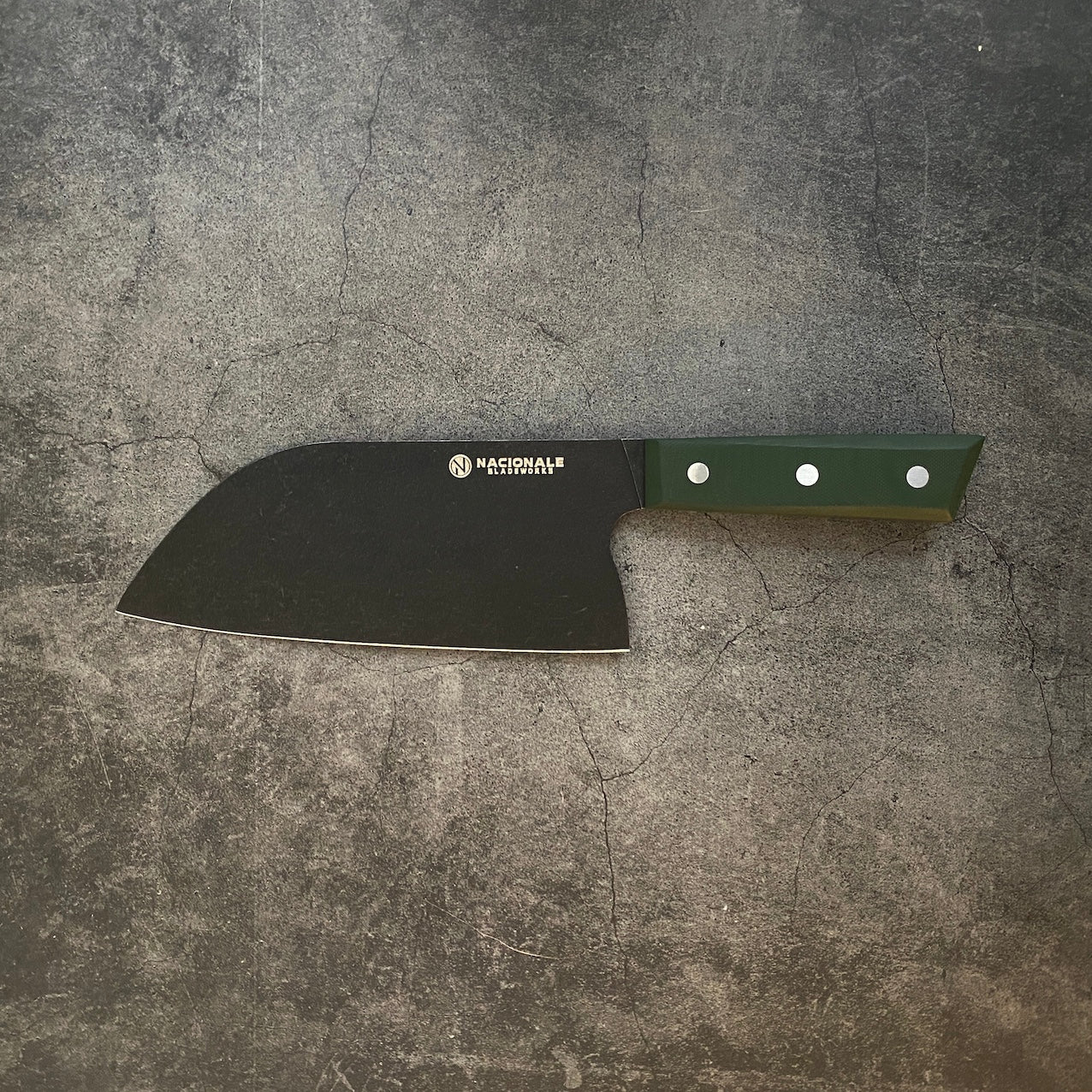 180mm Extra Tall Santoku. AUS8 Stainless. Full Tang Army Green G10 Scales. Ballistic Nylon Case.