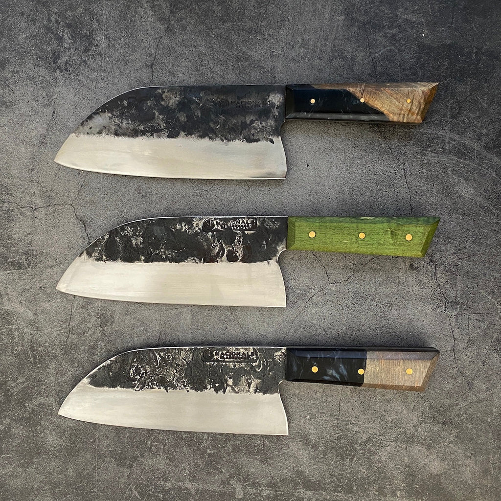 Steel Spring Tang's J. 185mm Cleaver. Kurouchi Full Tang Leaf Spring Carbon Steel. Stabili ...
