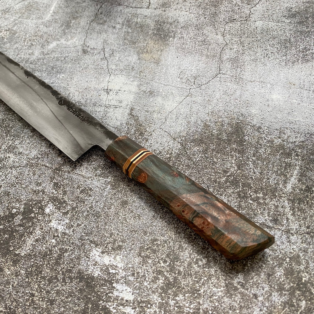 Limited Edition 275mm 52100 Carbon Steel Gyuto. Stabilized Maple Burl - Nacionale Bladeworks