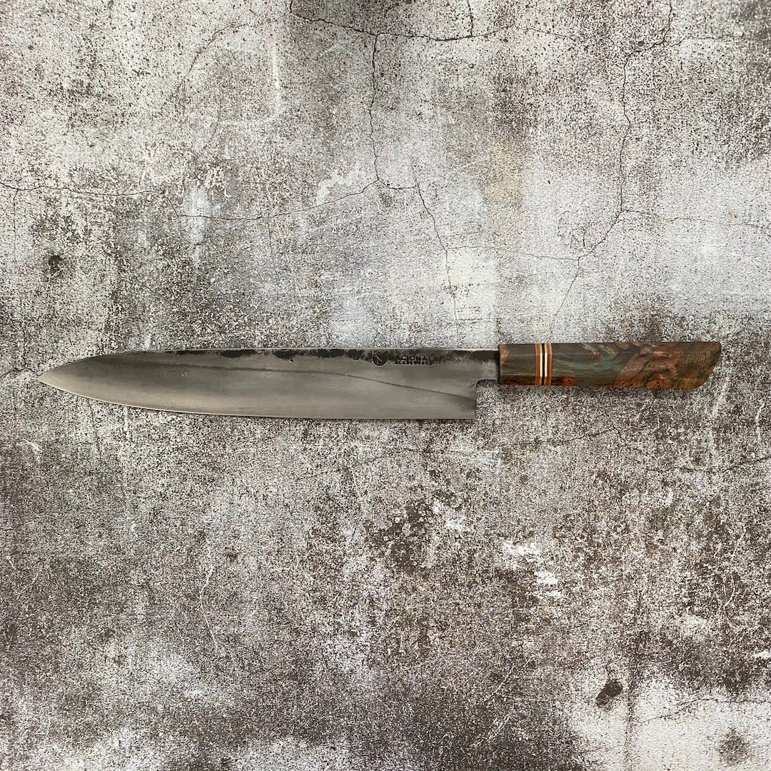 Limited Edition 275mm 52100 Carbon Steel Gyuto. Stabilized Maple Burl - Nacionale Bladeworks