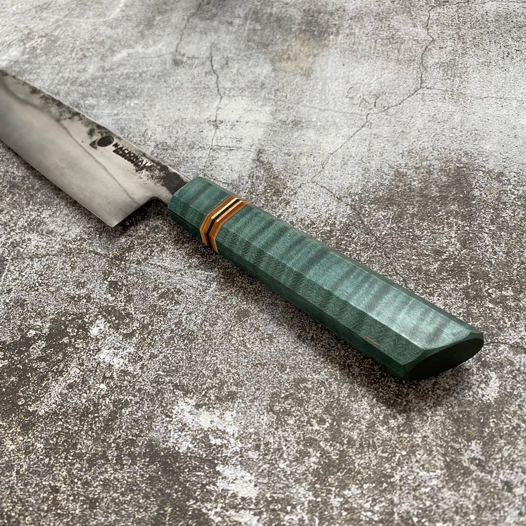 Limited Edition 52100 Carbon Steel Gyuto. Teal Stabilized Flame Maple - Nacionale Bladeworks