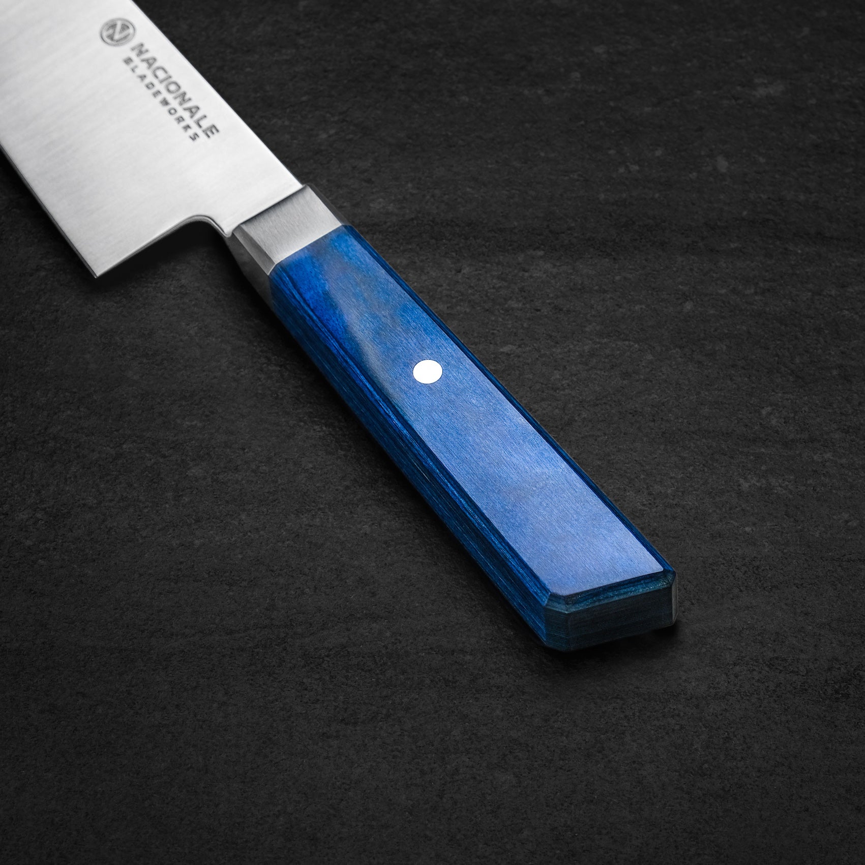 215mm Chef's Knife. Sandvik 14c28n. Blue Pakkawood Handle